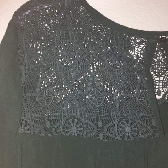 Dark Green Long Sleeve With Lace Top Blouse - Picture 3 of 4